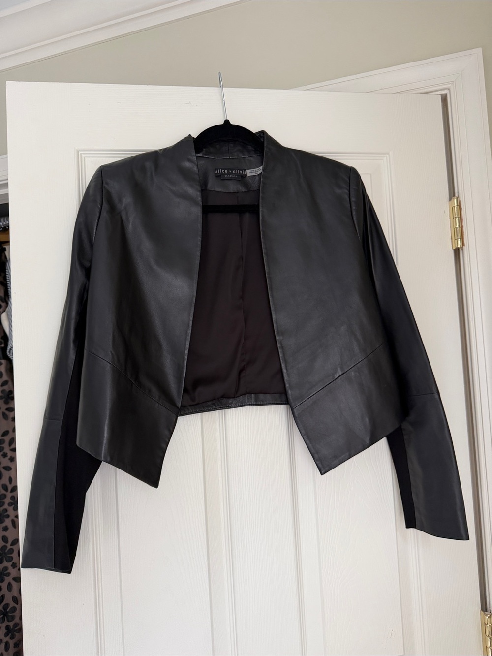Alice + Olivia Black Cropped Leather Open-Front Jacket